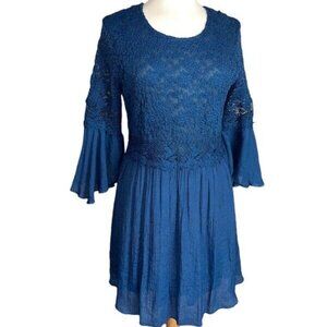 INDIGO SOUL Boho Dress L Blue Lace Mini Long Tunic Crochet Embroidery Gauze Bell